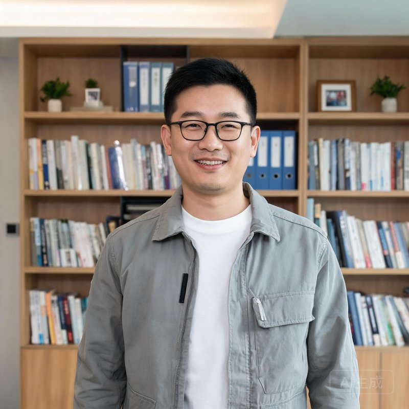 一位30多岁的中国男性，戴眼镜，面带微笑，身穿休闲夹克，在办公室书架前