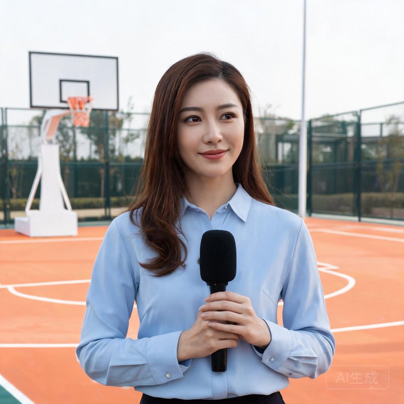 一位30岁左右的女性，棕色长发，手持麦克风，站在篮球场边采访